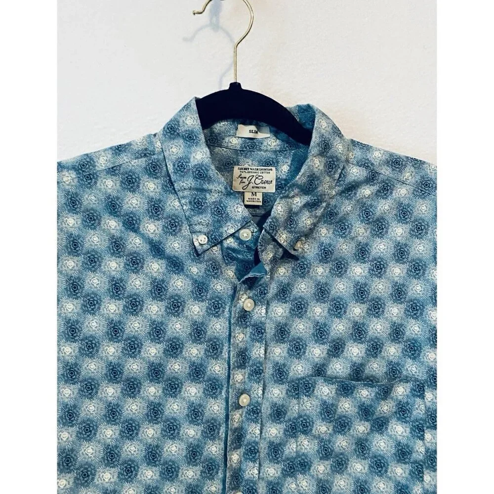 J Crew Shirt Mens Medium Blue Floral Secret Wash Shirting Organic Cotton Boho